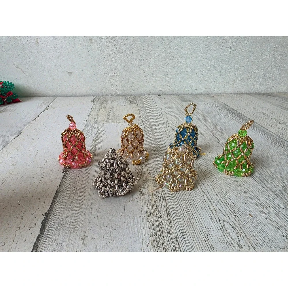 Vintage beaded Bell ornament pink blue green gold Xmas tree set